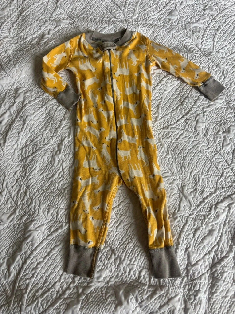 Hanna Anderson Yellow and Gray Goat Print Full Zip One Piece Pajamas